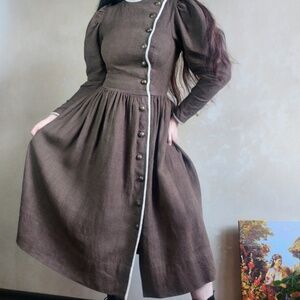 Austrian Bavarian dirndl heavy linen brown folk warm maxi dress with puff sleeve